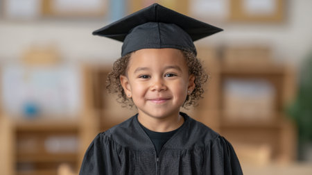 A joyful preschool graduate wearing a cap and gown smiles proudly in a classroom setting, celebrating a significant achievement in early childhood education.の素材