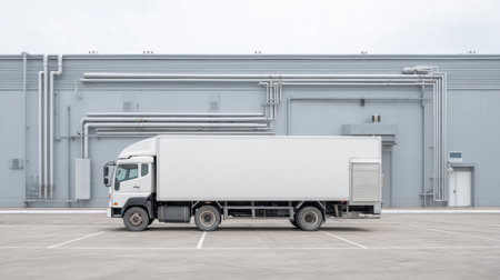 A side view of a truck parked at a loading dock, surrounded by cooling pipes in an industrial area, showcasing the logistics and delivery operations in a modern setting.の素材