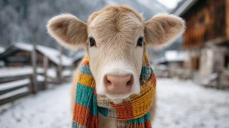 A charming cow wearing a colorful scarf stands playfully in a snowy farm landscape, embodying the spirit of winter with a warm and inviting expression.の素材