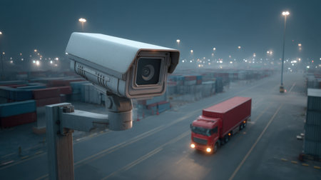 A surveillance camera overlooks a busy logistics yard at night, capturing a red truck driving through a scene filled with shipping containers and industry activity.の素材
