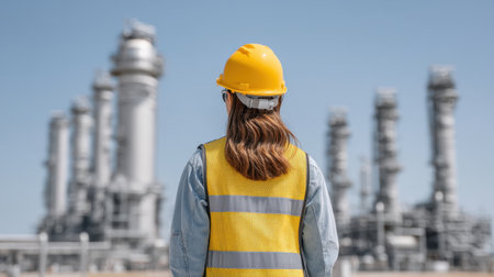 A woman engineer in a hard hat and safety vest supervises an industrial site, overlooking various equipment and structures against a clear blue sky.の素材