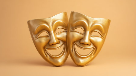 Vibrant golden comedy and tragedy masks reflecting warm light against a smooth background, perfect for artistic projects or theater-related creations.の素材