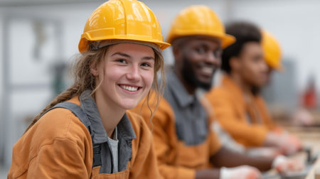 Happy young woman smiles brightly at a construction site, portraying teamwork and spirit. The diverse group showcases energy and collaboration in their work attire.の素材