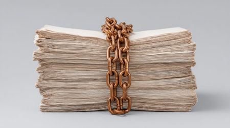 A stack of paper sheets secured with a rusty chain, illustrating themes of restriction and security in document management and information control in a minimalist style.の素材