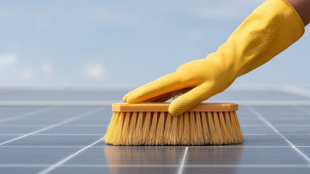 A close-up view of a hand wearing a yellow glove cleaning a solar panel with a brush, highlighting the importance of maintenance for renewable energy sources.の素材