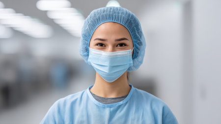 A cleanroom worker in safety gear, including a mask and hair net, is prepared for cleaning tasks in a sterile facility, emphasizing hygiene and safety protocols.の素材