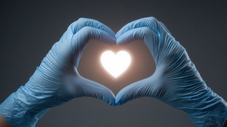 Two gloved hands create a glowing heart shape, symbolizing care and wellness. This digital image conveys themes of compassion and connection in health contexts.の素材