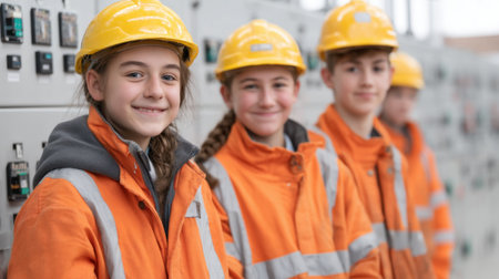 Four young trainees wearing bright orange jackets and yellow hard hats smile confidently while standing in front of control panels in an industrial setting, showcasing teamwork and training.の素材