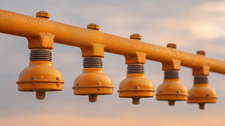 This close-up image features vintage yellow bells attached to a pipe, showcasing intricate details under soft dusk light, set against a subtle sky backdrop.の素材