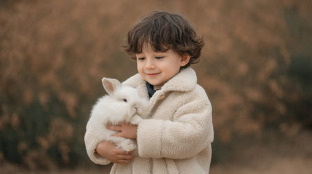 A heartwarming scene of a little boy in a white coat gently cradling a fluffy rabbit, radiating innocence and joy amidst a serene outdoor backdrop.の素材