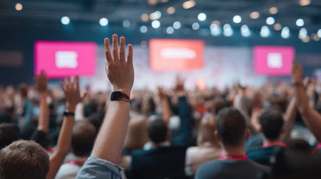 A vibrant conference scene showing diverse audience members raising their hands, indicating active participation and interest in the speaker's presentation and discussions.の素材