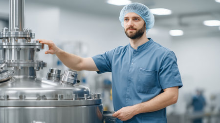 A technician in a sterile outfit is operating a complex bioreactor in a modern laboratory, highlighting advanced technology in biomanufacturing and research.の素材