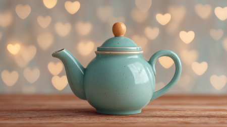 A delightful teal teapot sits gracefully on a wooden surface, set against a dreamy heart-shaped bokeh background, ideal for creating cozy, romantic vibes.の素材