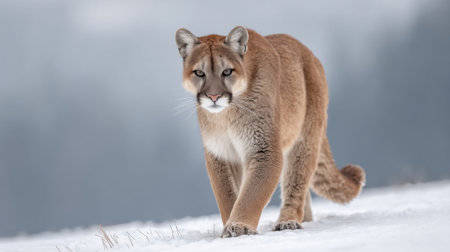 A stunning lion gracefully navigates a snow-covered terrain under an overcast sky, showcasing the beauty and resilience of wildlife in winter's embrace.の素材