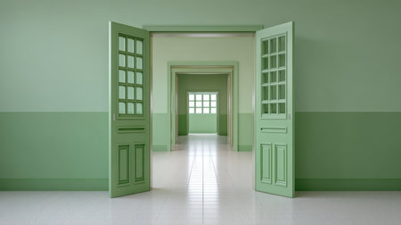 A serene interior corridor featuring open green doors that lead to bright spaces, illuminated by natural light, perfect for design inspiration and creative projects.の素材