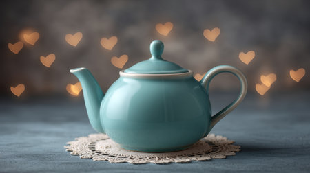 A charming teal teapot is elegantly placed on a delicate doily, illuminated by soft glowing hearts in the background, perfect for cozy and inviting spaces.の素材