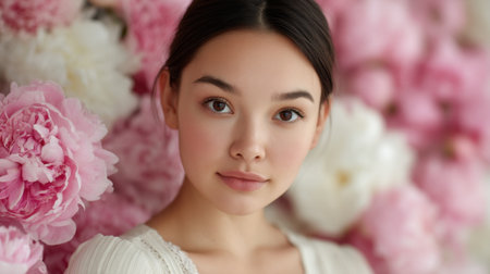 A serene woman poses gracefully amidst blooming pink and white peonies, capturing the essence of beauty and tranquility in soft, natural light. Ideal for floral-themed visuals.の素材