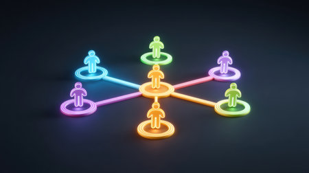 Vibrant neon figures connected by glowing lines illustrate digital communication and social relations. This modern design symbolizes teamwork and collaboration in abstract forms.の素材