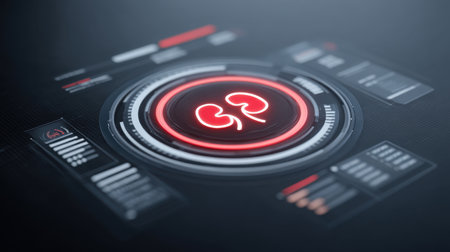 A modern, futuristic infographic showcasing kidney research data, featuring sleek graphics and panels designed for advanced medical analysis in a dark setting.の素材