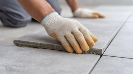 A skilled craftsman carefully applies grout while fitting tiles on a modern floor. This image showcases the detail and precision required in home renovation projects.の素材