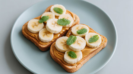 Indulge in a delightful breakfast featuring crisp toast layered with creamy peanut butter and fresh banana slices, garnished with mint leaves for a refreshing touch.の素材