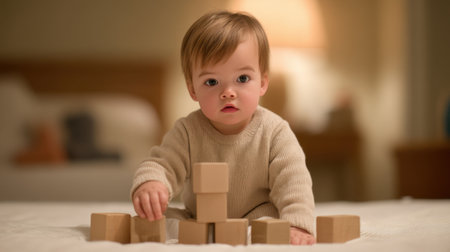 A charming baby boy skillfully stacks wooden blocks in warm lighting, capturing a moment of early learning and playful curiosity in a cozy home environment.の素材