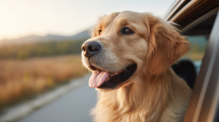 A joyful dog peacefully enjoys a scenic car ride, with its head out of the window, feeling the wind and sunlight. Perfect for capturing the essence of adventure and companionship.の素材