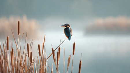 A serene bird calmly sits on a cattail, surrounded by a misty atmosphere over a tranquil water surface, creating a peaceful and picturesque nature scene.の素材