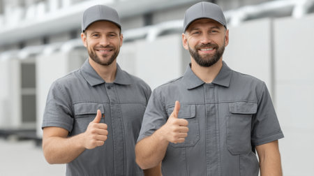 Two confident HVAC technicians stand side by side, offering friendly smiles and thumbs up. They exemplify reliability and skill in heating and cooling services.の素材