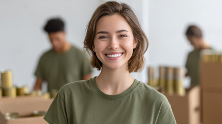 A young girl joyfully participates in organizing canned goods for a donation effort, embodying the spirit of volunteerism and community support in a charity setting.の素材