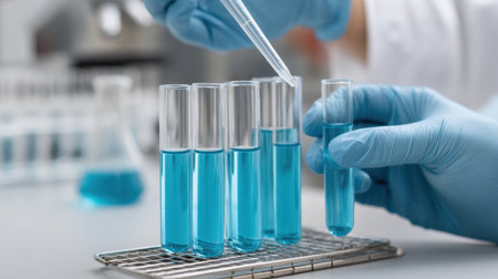 A researcher in blue gloves pipets a precise amount of blue liquid into test tubes, showcasing a meticulous approach to scientific experimentation and laboratory techniques.の素材