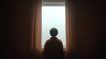 A poignant exploration of solitude, depicting a person gazing out a window. Soft lighting and warm surroundings evoke feelings of vulnerability and introspection.の素材