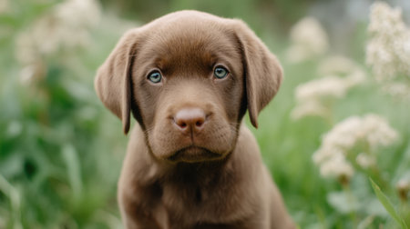 This captivating portrait features an adorable puppy with sparkling blue eyes, surrounded by lush greenery and delicate flowers, embodying joy and innocence in nature.の素材