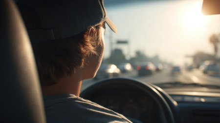 Captured during golden hour, this image shows a young driver focused on the road ahead with soft light illuminating the bustling traffic and cityscape.の素材