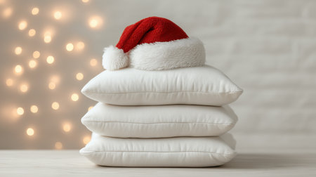 A charming arrangement featuring soft white pillows stacked neatly, topped with a vibrant red Santa hat, perfect for creating a warm holiday atmosphere.の素材