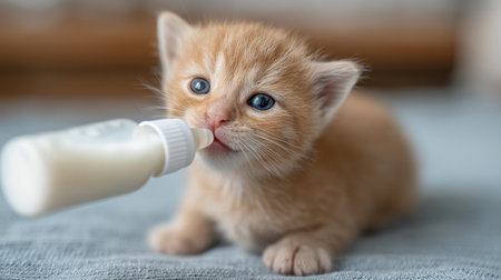 This charming image features a cute orange kitten lapping milk from a syringe, highlighting the tender care often given to rescued baby animals in need.の素材