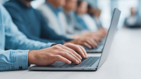 Hands are actively typing on laptops in a modern office setting, showcasing teamwork and productivity among professionals during a collaborative session.の素材