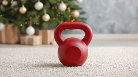 A vibrant red kettlebell rests on a soft floor next to a beautifully adorned Christmas tree, symbolizing fitness and celebration during the holiday season.の素材