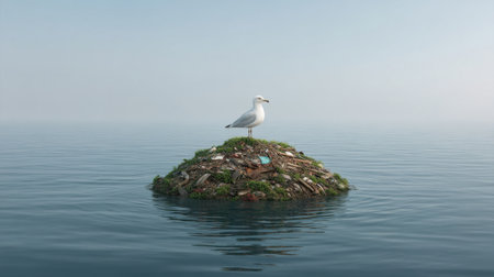 A lone seagull perches on a small floating island of garbage, showcasing the tragic environmental consequences of pollution in our oceans, urging for change.の素材