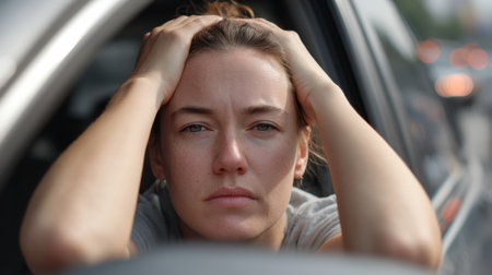 A woman shows her deep thoughts and frustration while resting her head on the steering wheel, showcasing an emotional moment in a blurred traffic setting.の素材