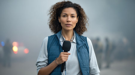A female reporter stands confidently in a smoky setting, microphone in hand, delivering important news with a focused expression amidst a chaotic backdrop.の素材