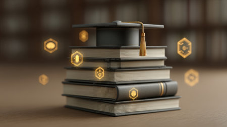 A graduation cap sits atop a stack of books, surrounded by glowing digital icons representing knowledge and education, perfect for themes of learning and achievement.の素材