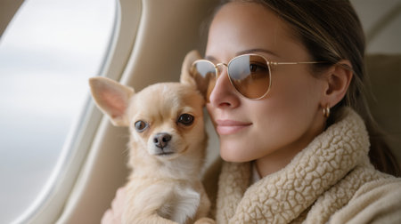 A woman in stylish sunglasses holds her small dog close while gazing thoughtfully out of an airplane window, capturing a serene moment of travel and companionship.の素材