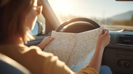 A woman sits in a car holding a paper map, illuminated by warm sunset light, as she plans her route for an exciting road trip adventure ahead.の素材
