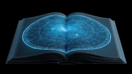 A visually striking representation of an open astronomical book featuring intricate star charts and celestial connections, ideal for educational or artistic projects.の素材
