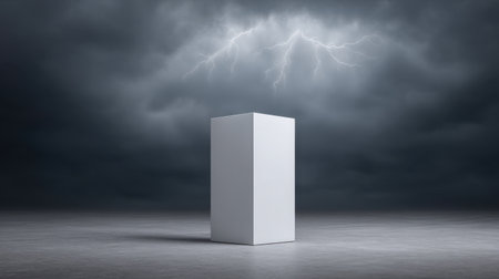 An empty white podium stands alone in a stormy landscape, with dark clouds swirling above and brilliant lightning illuminating its presence, creating a powerful visual impact.の素材