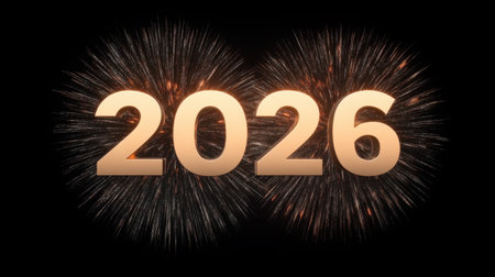 Experience a breathtaking fireworks display lighting up the night sky, featuring glowing golden text celebrating New Year 2026 amidst a vibrant atmosphere.の素材