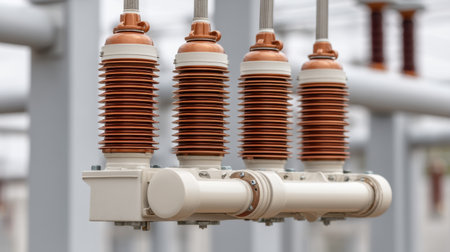 This image showcases a close-up of high voltage insulators used in electrical substations, highlighting the intricate design and robust construction essential for safe power transmission.の素材