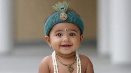 A charming baby dressed as Krishna, adorned with a peacock feather headband and joyful smile, radiating innocence and happiness in a heartwarming portrait.の素材