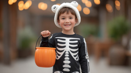 A cheerful young boy dressed in a skeleton suit is holding an orange pumpkin bucket, smiling broadly, ready to enjoy a fun Halloween celebration outdoors.の素材